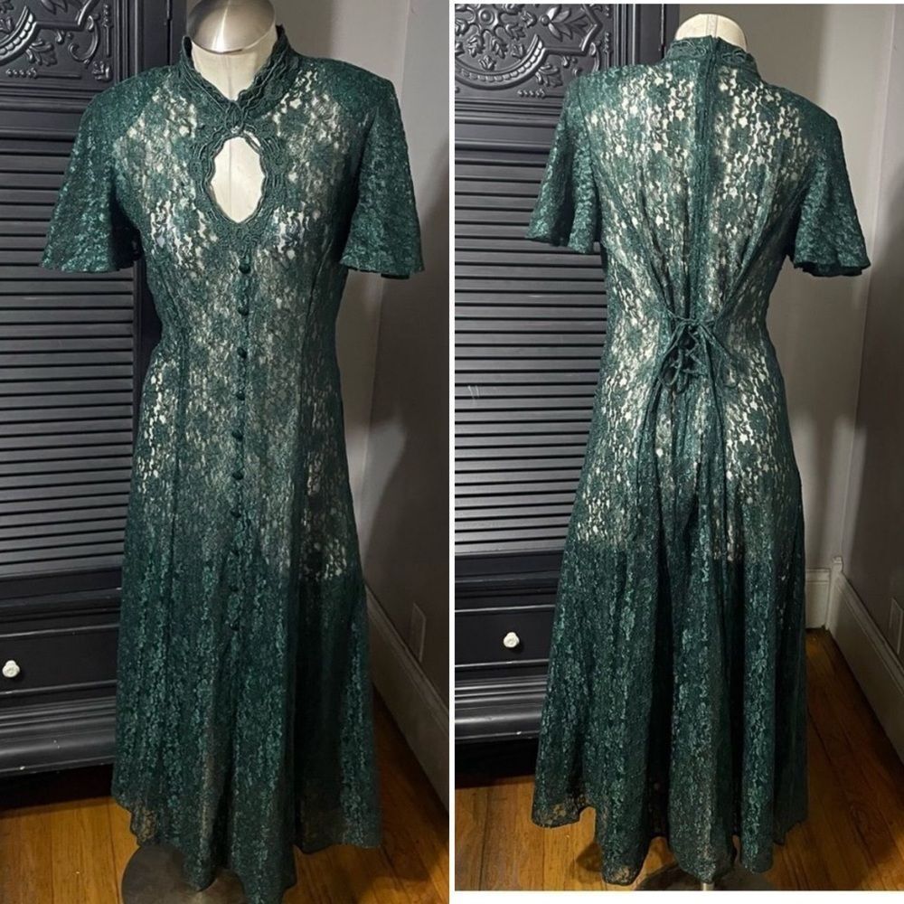 Vtg 90s Dawn Joy Victorian emerald tie back lace maxi sheer duster dress 9/10